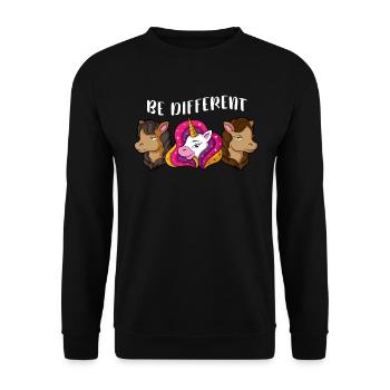 Funny Unicorn Saying BE DIFFERENT - Unisex Sweatshirt - black - Front - Alina (178cm) & Michal (187cm)