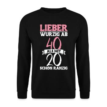 Würzig ab 40 Geburtstag - Unisex Pullover - Schwarz - Vorne - Alina (178cm) & Michal (187cm)
