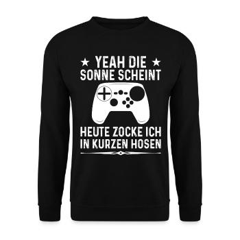 Die Sonne scheint heute zocke ich in kurzen Hosen - Unisex Pullover - Schwarz - Vorne - Alina (178cm) & Michal (187cm)