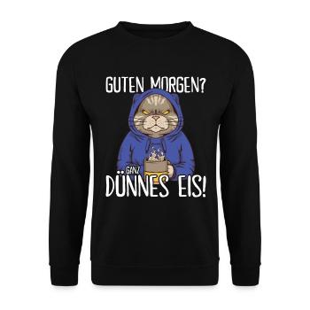 Guten Morgen? Ganz dünnes Eis! Katze mit Kaffee - Unisex Pullover - Schwarz - Vorne - Alina (178cm) & Michal (187cm)