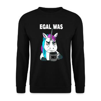 Egal was - no. Mürrisches lustiges Einhorn - Unisex Pullover - Schwarz - Vorne - Alina (178cm) & Michal (187cm)