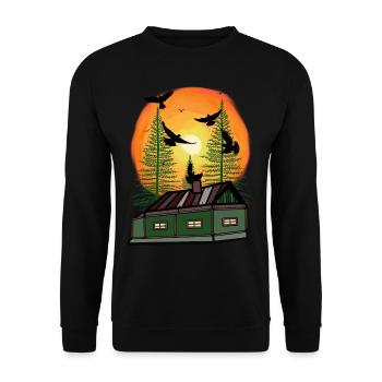 Immobilie Haus Hütte wohnen einsam Einsamkeit Rabe - Unisex Pullover - Schwarz - Vorne - Alina (178cm) & Michal (187cm)