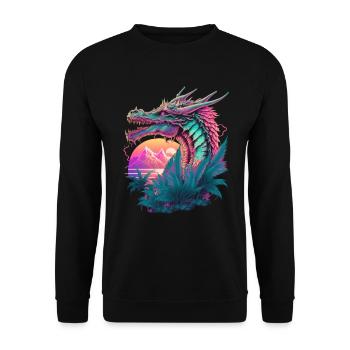 Drache Vaporwave Abstrakte Landschaft Mond Baum - Unisex Pullover - Schwarz - Vorne - Alina (178cm) & Michal (187cm)