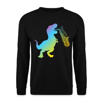 Dino Saxophone Player - Funny Saxophonist Dinosaur - Unisex Pullover - Schwarz - Vorne - Alina (178cm) & Michal (187cm)