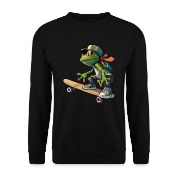 Frosch fährt Skateboard Frösche Kröte Amphibie - Unisex Pullover - Schwarz - Vorne - Alina (178cm) & Michal (187cm)