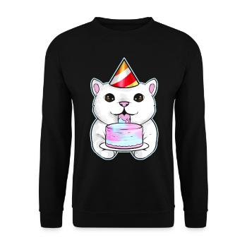White Cat With Party Hat Licks A Birthday Cake On - Unisex Sweatshirt - black - Front - Alina (178cm) & Michal (187cm)