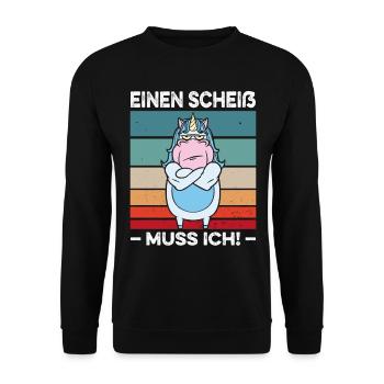 Einen Scheiß muss ich Spruch Einhorn Muskel Retro - Unisex Pullover - Schwarz - Vorne - Alina (178cm) & Michal (187cm)