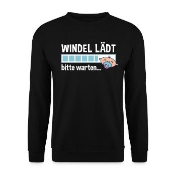 Windel lädt bitte warten Ladebalken Baby Spruch - Unisex Pullover - Schwarz - Vorne - Alina (178cm) & Michal (187cm)
