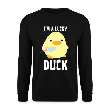 I’m A Lucky Duck - Canard au couteau Ente mit Messer - Sweat-shirt Unisexe - noir - Devant - Alina (178cm) & Michal (187cm)