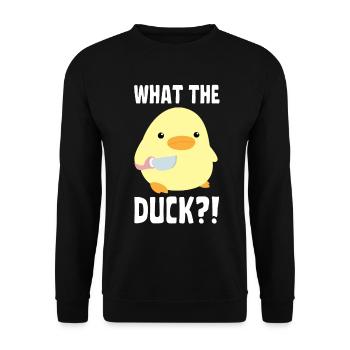 What The Duck? Duck with knife - Ente mit Messer - Unisex Pullover - Schwarz - Vorne - Alina (178cm) & Michal (187cm)