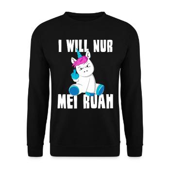 I WILL NUR MEI RUAH Einhorn Spruch Dialekt - Unisex Pullover - Schwarz - Vorne - Alina (178cm) & Michal (187cm)