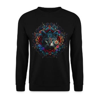 Katze Mandala Kunst Katzenmotiv Geschenk Blumen - Unisex Pullover - Schwarz - Vorne - Alina (178cm) & Michal (187cm)