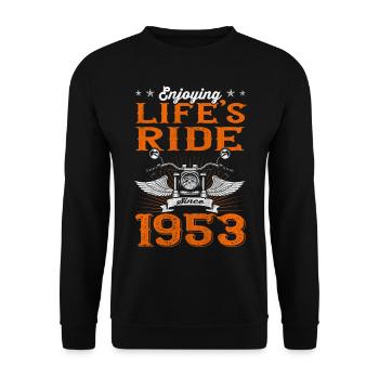 Enjoying Life's Ride Since 1953 Motorcycle 70th - Unisex Pullover - Schwarz - Vorne - Alina (178cm) & Michal (187cm)
