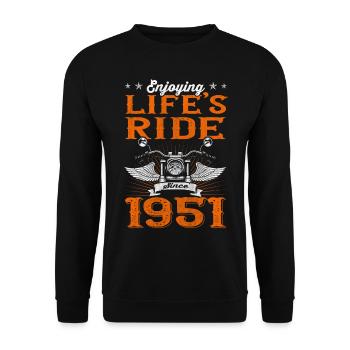 Enjoying Life's Ride Since 1951 Motorcycle 72th - Unisex Pullover - Schwarz - Vorne - Alina (178cm) & Michal (187cm)
