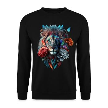 Löwe Polygon Kunst Blumen Tier Geschenk Zoo Motiv - Unisex Pullover - Schwarz - Vorne - Alina (178cm) & Michal (187cm)