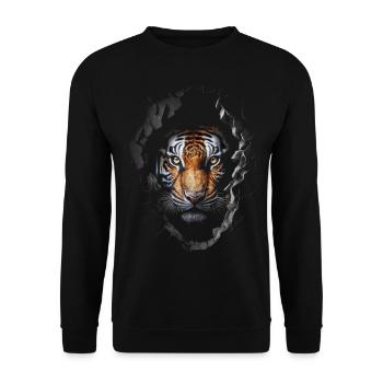 Tiger Wand Loch Raubkatze Tigermotiv Geschenk Tier - Unisex Pullover - Schwarz - Vorne - Alina (178cm) & Michal (187cm)
