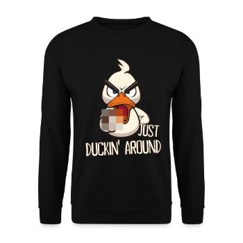 Duckin around Funny duck with middle finger saying - Unisex Sweatshirt - black - Front - Alina (178cm) & Michal (187cm)