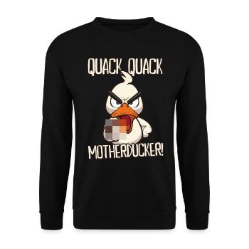 Quack Quack Motherducker Ente mit Mittelfinger - Unisex Pullover - Schwarz - Vorne - Alina (178cm) & Michal (187cm)