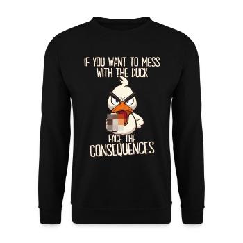 Conséquences Drôle de canard avec un doigt d’honneur - Sweat-shirt Unisexe - noir - Devant - Alina (178cm) & Michal (187cm)
