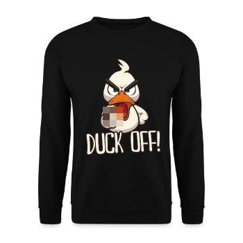 Duck Off! Funny duck with middle finger saying - Unisex Sweatshirt - black - Front - Alina (178cm) & Michal (187cm)