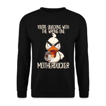Motherducker Drôle de canard avec un doigt d’honneur disant - Sweat-shirt Unisexe - noir - Devant - Alina (178cm) & Michal (187cm)
