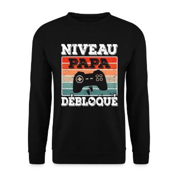 Futur Papa Annonce Grossesse Niveau Papa Débloqué - Sweat-shirt Unisexe - noir - Devant - Alina (178cm) & Michal (187cm)