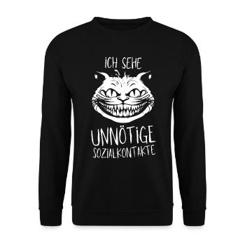 Grinsekatze - Ich sehe unnötige Sozialkontakte - Unisex Pullover - Schwarz - Vorne - Alina (178cm) & Michal (187cm)