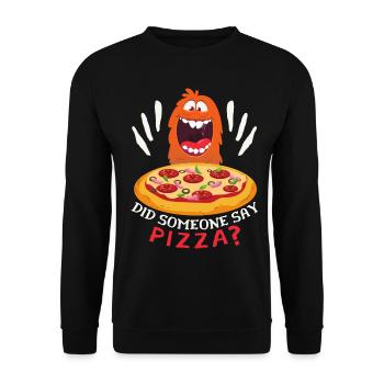 Lustiges Pizza-Monster, Pizza-Spruch Comic - Unisex Pullover - Schwarz - Vorne - Alina (178cm) & Michal (187cm)