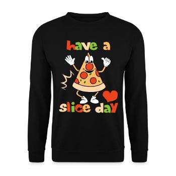 Pizza Comic, Wortspiel, Pun, Spruch für Pizza-Fans - Unisex Pullover - Schwarz - Vorne - Alina (178cm) & Michal (187cm)