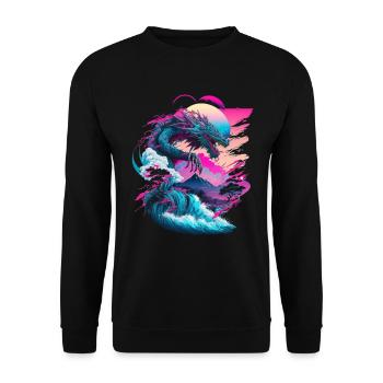 Drache Vaporwave Abstrakte Landschaft Mond Baum - Unisex Pullover - Schwarz - Vorne - Alina (178cm) & Michal (187cm)