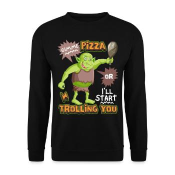 Lustiger Troll will Pizza haben, Spruch Comic Stil - Unisex Pullover - Schwarz - Vorne - Alina (178cm) & Michal (187cm)