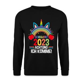 Schulkind 2023 Schulbeginn Einhorn Einschulung - Unisex Pullover - Schwarz - Vorne - Alina (178cm) & Michal (187cm)