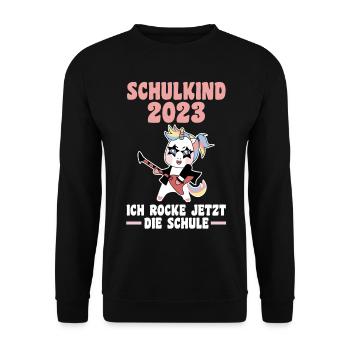 Schulkind 2023 Schulbeginn Einhorn Einschulung - Unisex Pullover - Schwarz - Vorne - Alina (178cm) & Michal (187cm)