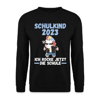 Schulkind 2023 Schulbeginn Einhorn Einschulung - Unisex Pullover - Schwarz - Vorne - Alina (178cm) & Michal (187cm)