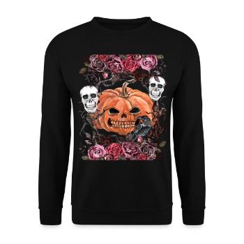 Unheimliche Totenköpfe mit Halloween-Kürbis - Unisex Pullover - Schwarz - Vorne - Alina (178cm) & Michal (187cm)