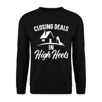 Conclure des transactions dans l’immobilier à talons hauts - Sweat-shirt Unisexe - noir - Devant - Alina (178cm) & Michal (187cm)
