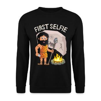 Lustiger Neandertaler, First-Selfie, Spruch, Pun - Unisex Pullover - Schwarz - Vorne - Alina (178cm) & Michal (187cm)