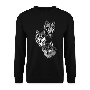 Drei Wolfsköpfe in grau - Unisex Pullover - Schwarz - Vorne - Alina (178cm) & Michal (187cm)