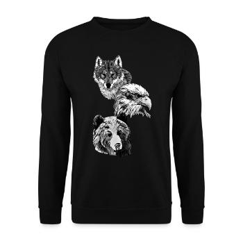 Wildtier Motiv mit Adler, Wolf und Bären Kopf - Unisex Pullover - Schwarz - Vorne - Alina (178cm) & Michal (187cm)