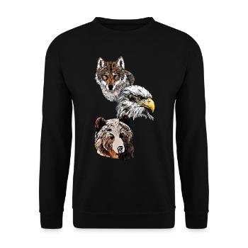 Wildtier Motiv mit Adler, Wolf und Bären Kopf - Unisex Pullover - Schwarz - Vorne - Alina (178cm) & Michal (187cm)