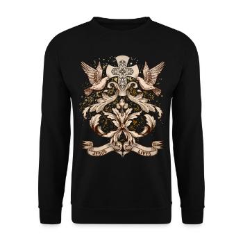 Kreuz Christi, Jesus Christus mit Friedenstauben - Unisex Pullover - Schwarz - Vorne - Alina (178cm) & Michal (187cm)