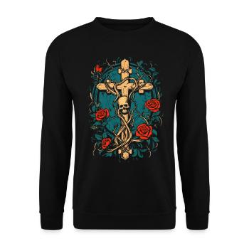Croix et crâne avec roses - Esthétique gothique - Sweat-shirt Unisexe - noir - Devant - Alina (178cm) & Michal (187cm)