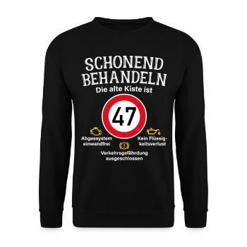 47. Geburtstag Schonend Behandeln 47 Alte Kiste 47 - Unisex Pullover - Schwarz - Vorne - Alina (178cm) & Michal (187cm)