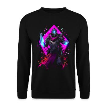 Epic Gamer Guardian in Vaporwave Synthwave Farben - Unisex Pullover - Schwarz - Vorne - Alina (178cm) & Michal (187cm)