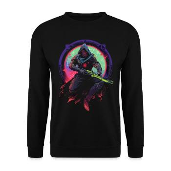 Epic Gamer Guardian mit Umhang springt in die - Unisex Pullover - Schwarz - Vorne - Alina (178cm) & Michal (187cm)