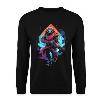 Epic Gamer Guardian in Vaporwave Synthwave Farben - Unisex Pullover - Schwarz - Vorne - Alina (178cm) & Michal (187cm)
