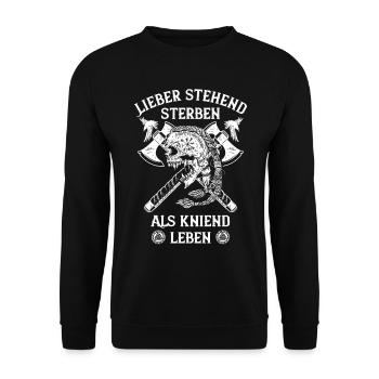 Wikinger Spruch Stehend sterben als kniend leben - Unisex Pullover - Schwarz - Vorne - Alina (178cm) & Michal (187cm)