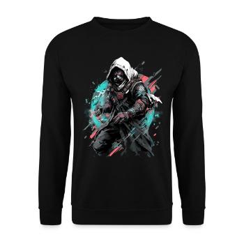 Epischer Gamer Cyber Assassine mit Gasmaske - Unisex Pullover - Schwarz - Vorne - Alina (178cm) & Michal (187cm)