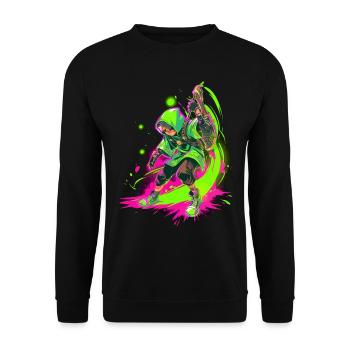 Legendärer Waldjunge im SplashArt Gaming-Design - Unisex Pullover - Schwarz - Vorne - Alina (178cm) & Michal (187cm)