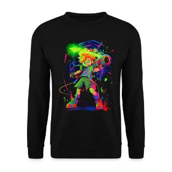 Cooles Gaming-Design: Die Legende des Waldjungen - Unisex Pullover - Schwarz - Vorne - Alina (178cm) & Michal (187cm)